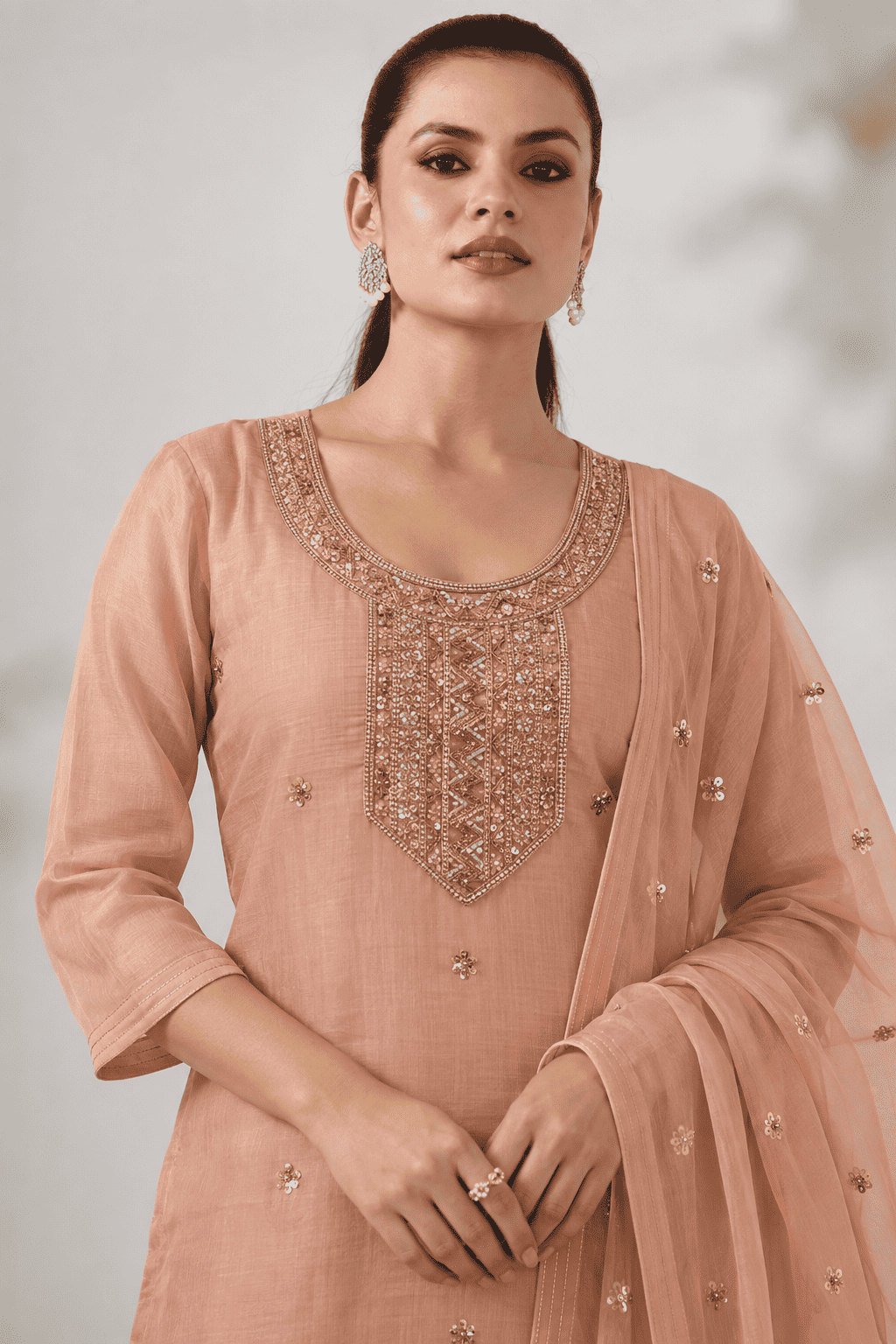 Peach Embroidered Shantoon Kurta Pant and Dupatta