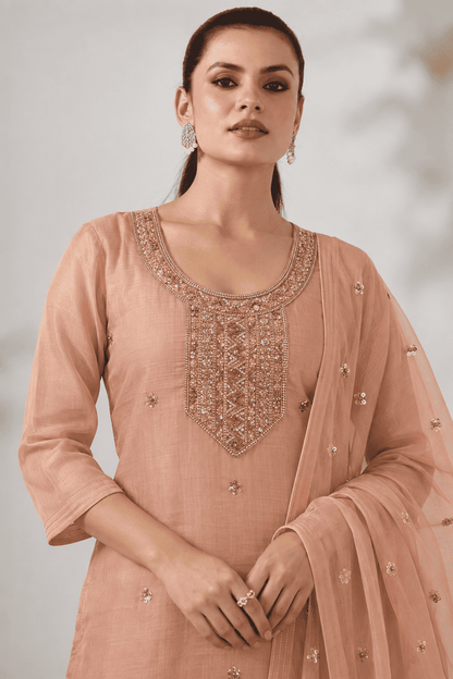 Peach Embroidered Shantoon Kurta Pant and Dupatta