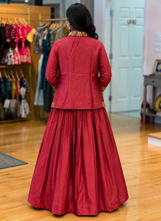 Red silk blend with embroidery jacket lehenga set