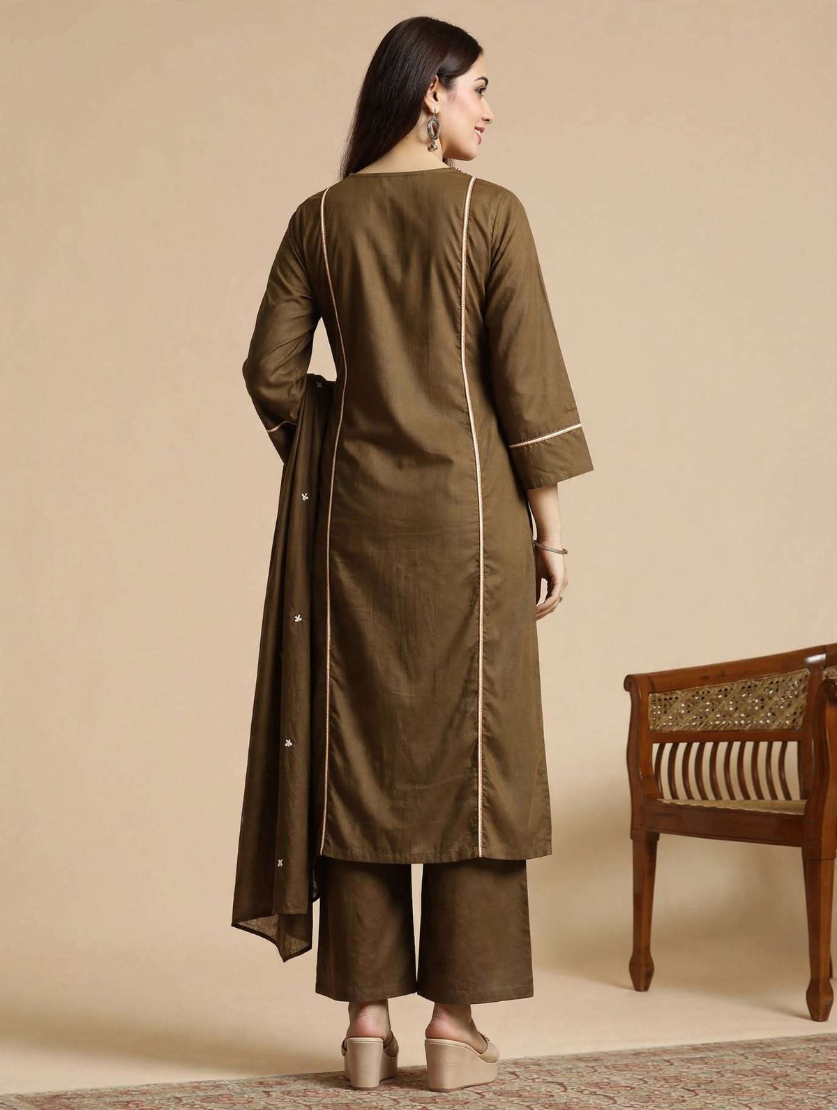 Brown Embroidered Cotton Kurta and Pant with Dupatta