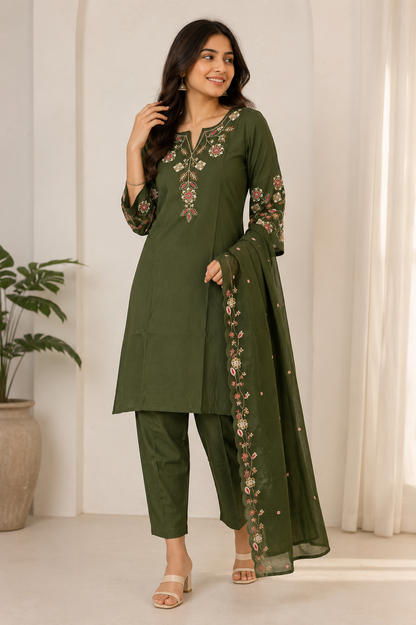 Mehendi Green Silk Blend Embroidered Kurta and Pant with Dupatta