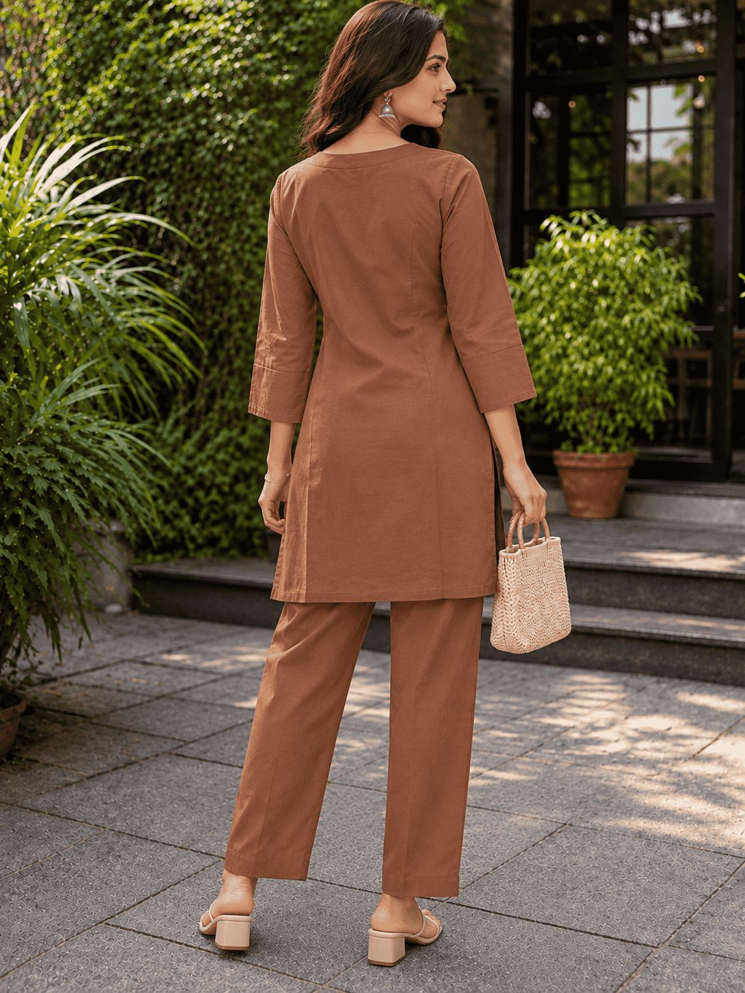 Cocoa Brown Embroidered Rayon Kurta Pant Set