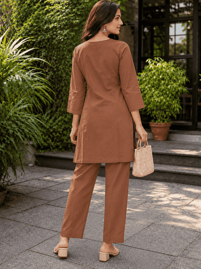Cocoa Brown Embroidered Rayon Kurta Pant Set