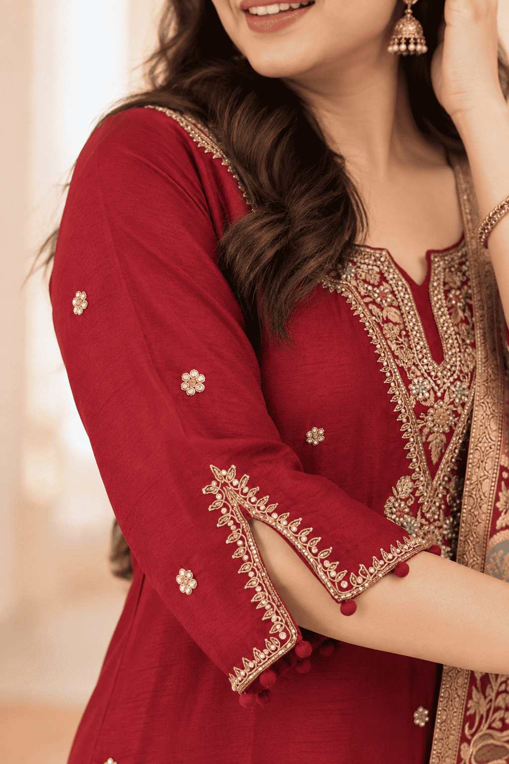 Maroon Embroidered Dola Silk Kurta and Pant with dupatta