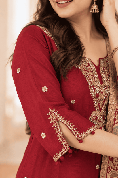 Maroon Embroidered Dola Silk Kurta and Pant with dupatta