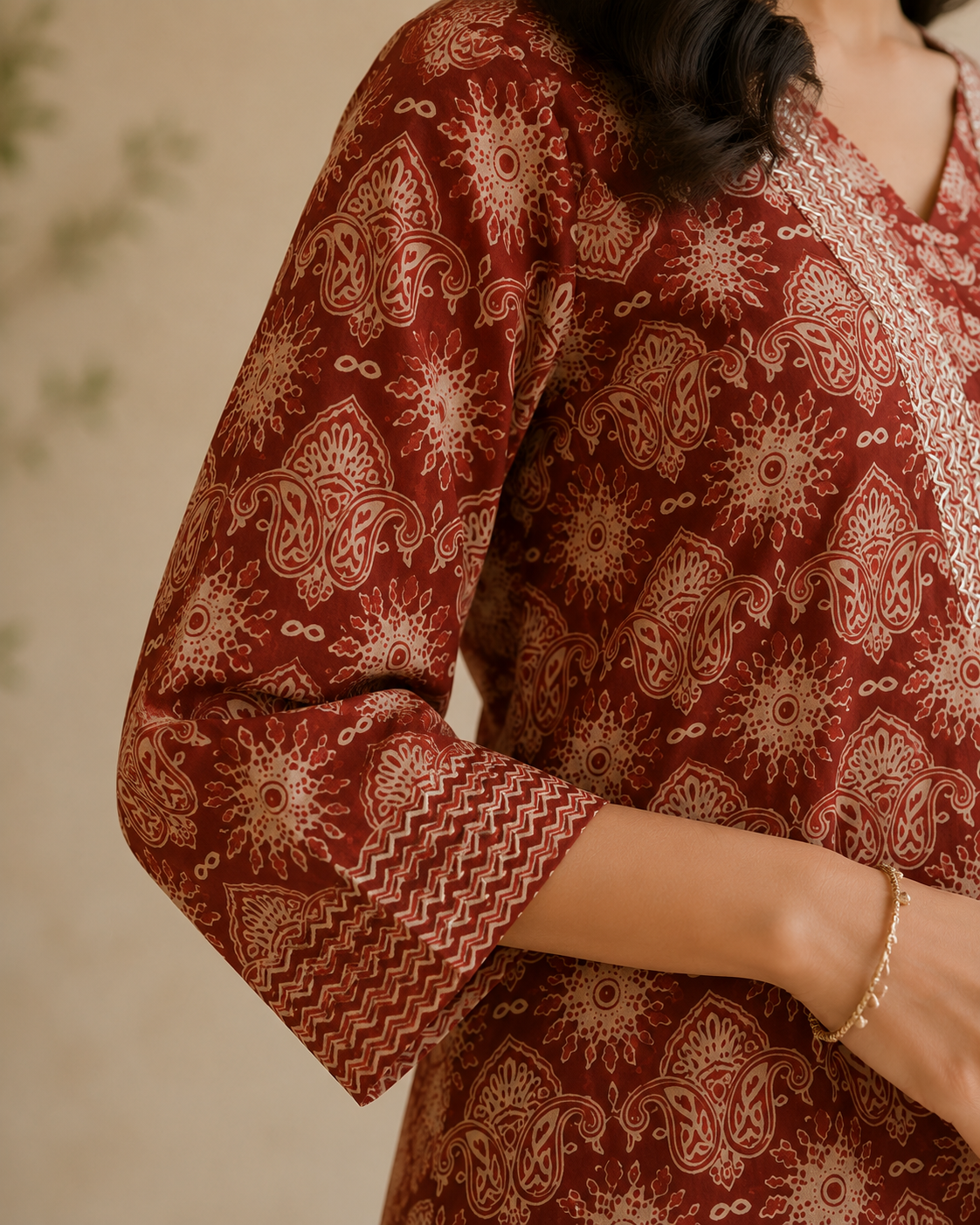Rust Red Printed Cotton Blend Kurta and Pant with Dupatta