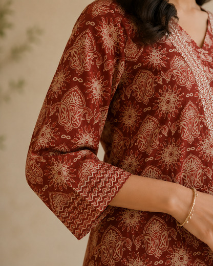 Rust Red Printed Cotton Blend Kurta and Pant with Dupatta