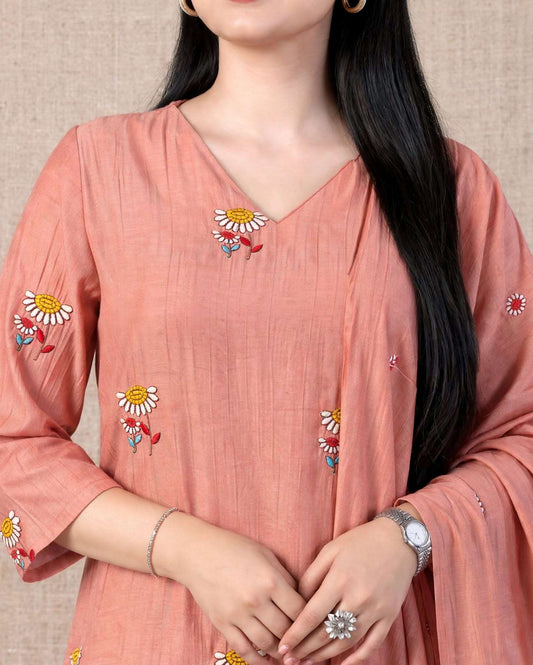 Blush Pink Embroidered Crushed Palli Silk Kurta and Pant with Dupatta
