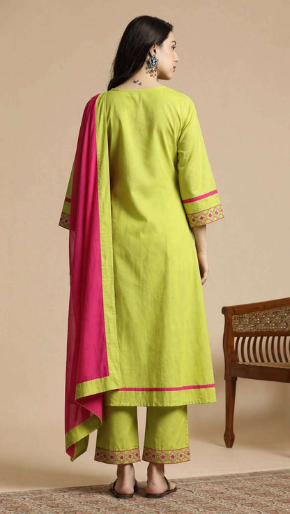 Lime Green Embroidered Cotton Kurta and Pant with Dupatta
