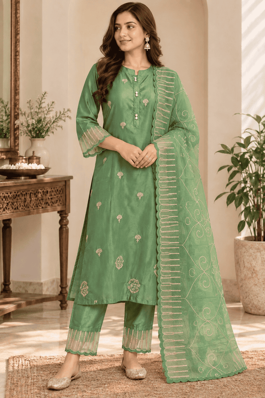 Green Silk Blend Embroidered Kurta Pant and Dupatta Set