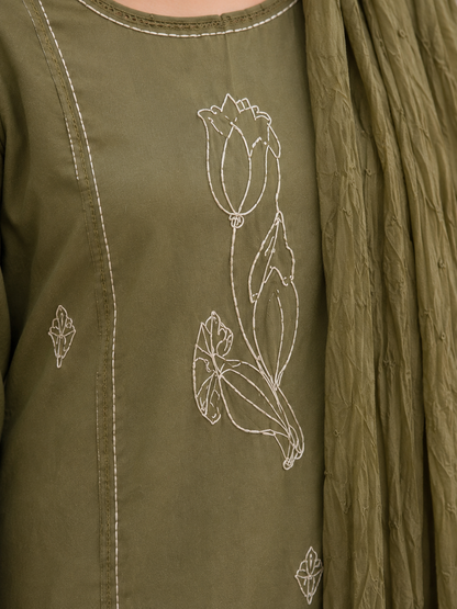 Mouse Brown Cotton Blend Embroidered Kurta and Pant with Dupatta