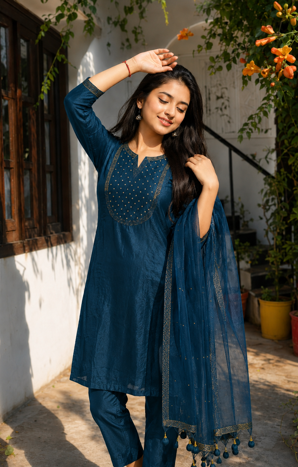 Teal Blue Mul Chanderi Embroidered Kurta and Pant with Dupatta