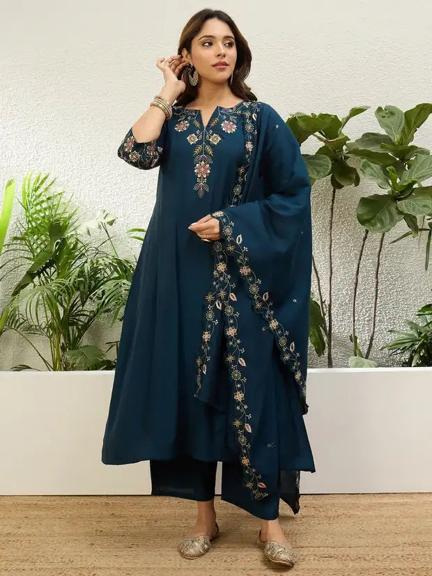 Teal Blue Silk Blend Embroidered Kurta and Pant with Dupatta