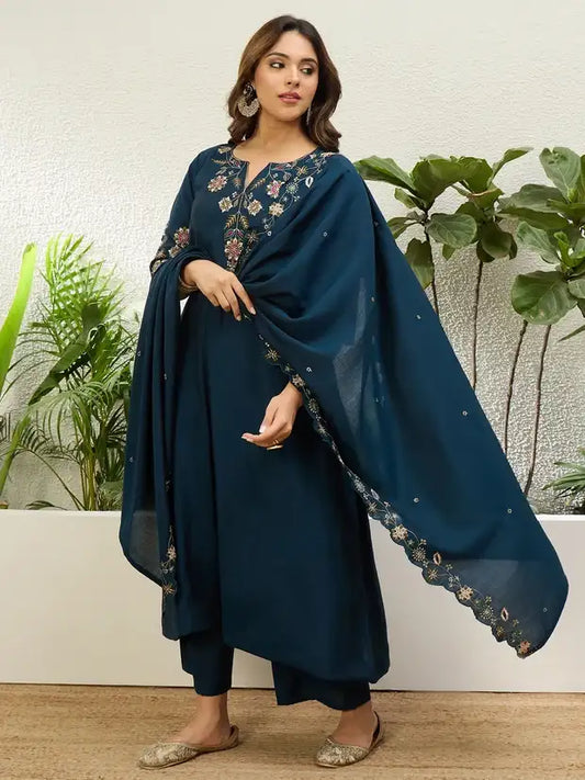 Teal Blue Silk Blend Embroidered Kurta and Pant with Dupatta