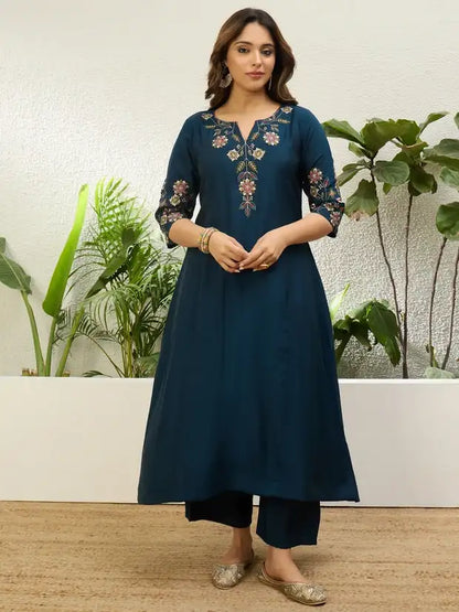 Teal Blue Silk Blend Embroidered Kurta and Pant with Dupatta