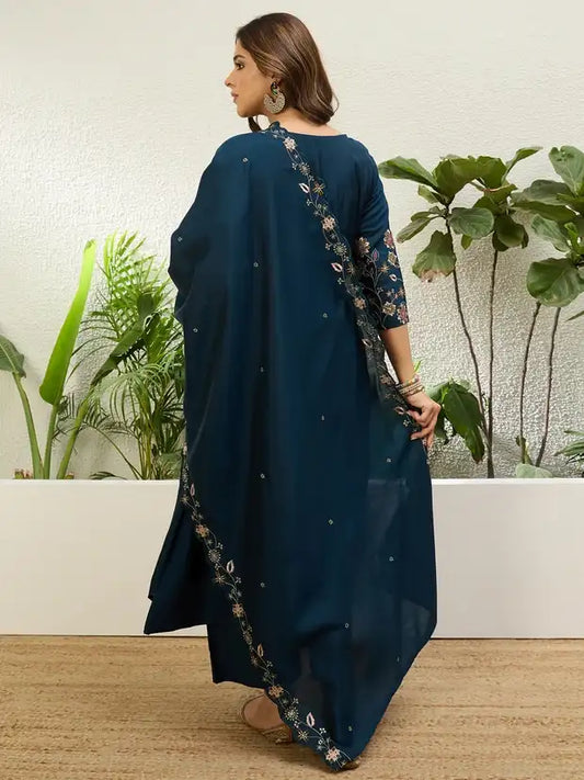 Teal Blue Silk Blend Embroidered Kurta and Pant with Dupatta