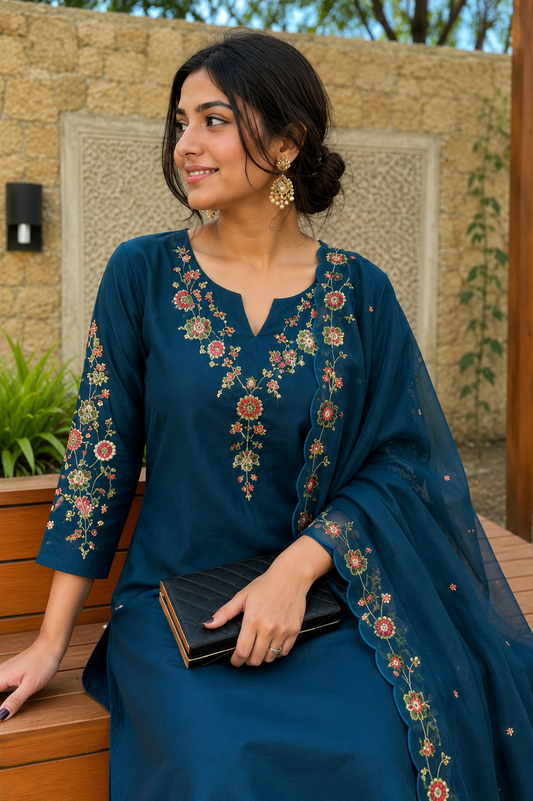 Teal Blue Silk Blend Embroidered Kurta and Pant with Dupatta