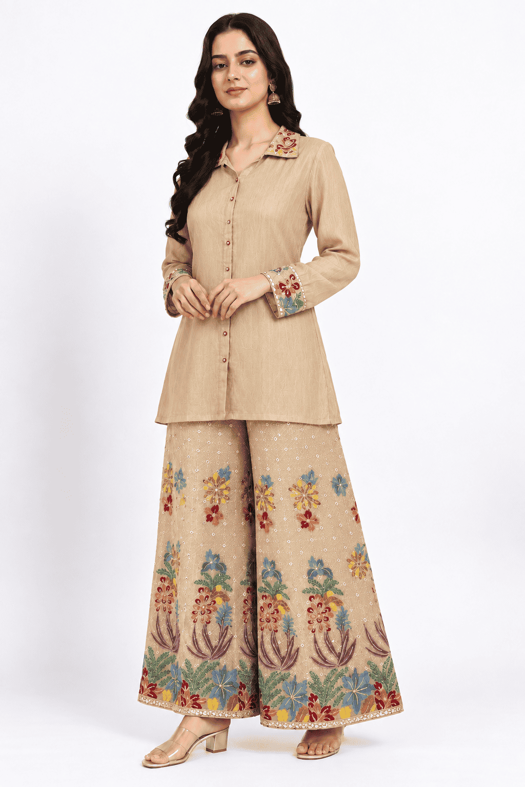 Champagne Beige Embroidered Chinon Kurta Pant Set