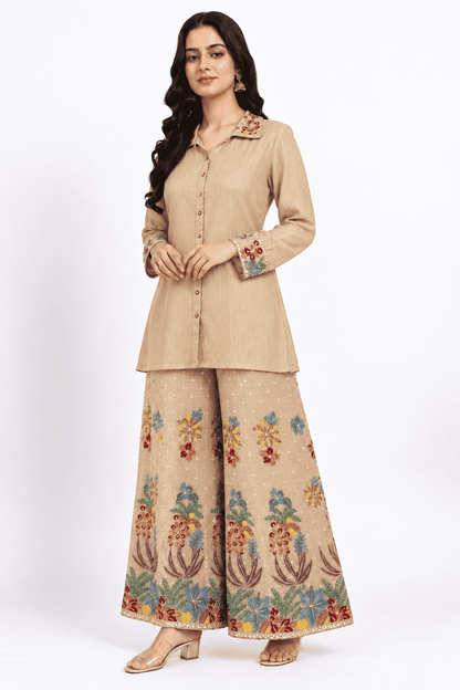 Champagne Beige Embroidered Chinon Kurta Pant Set