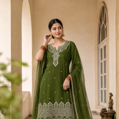 Mehendi Green Rangoli Crush Embroidered Kurta and Wide Palazzo with Dupatta