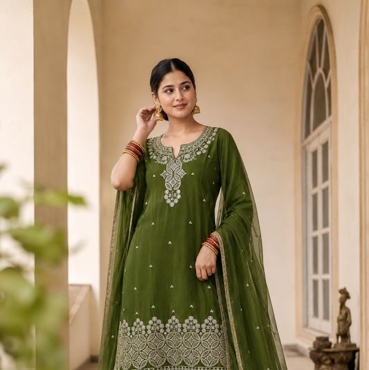 Mehendi Green Rangoli Crush Embroidered Kurta and Wide Palazzo with Dupatta