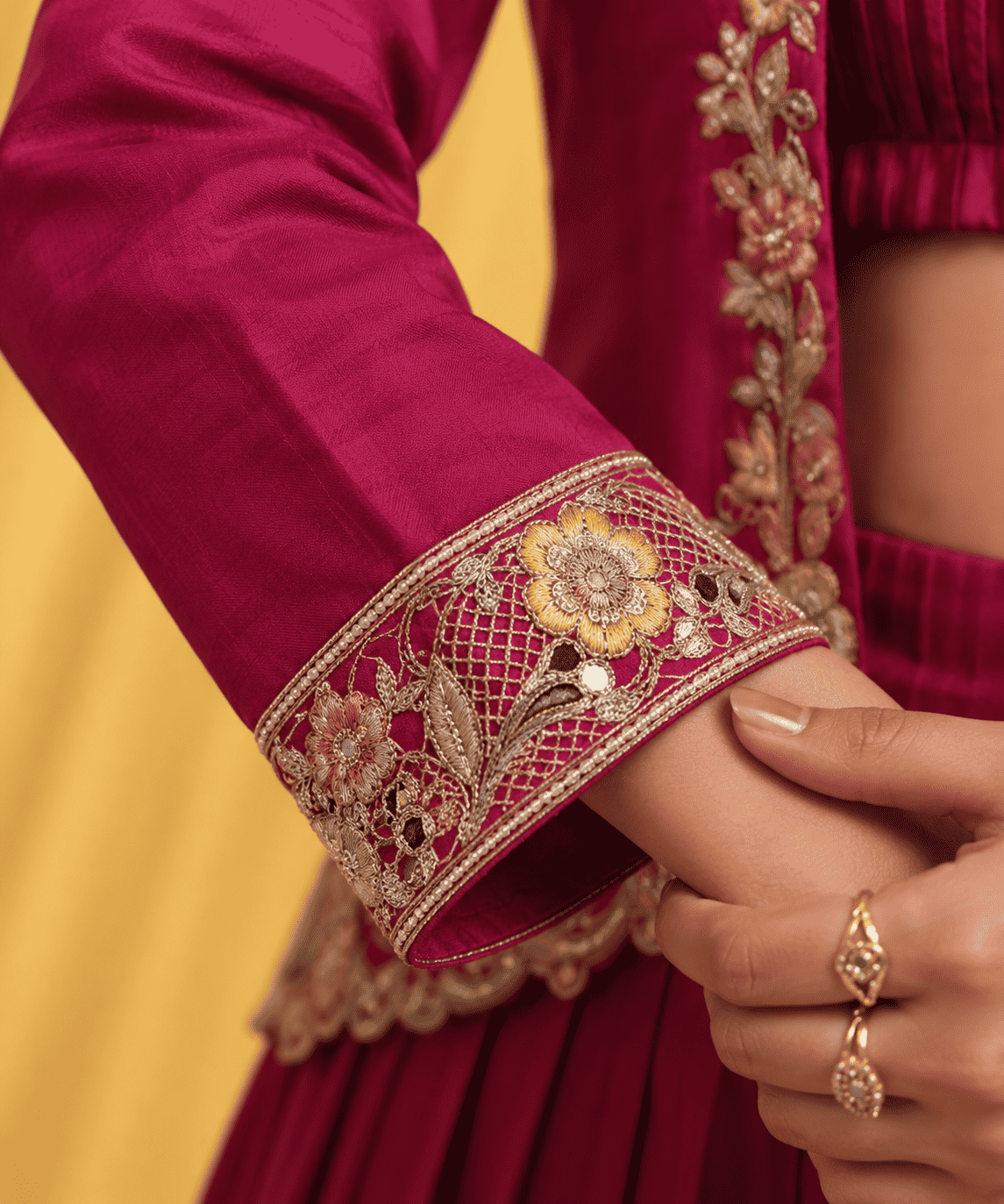 Red silk blend with embroidery jacket lehenga set