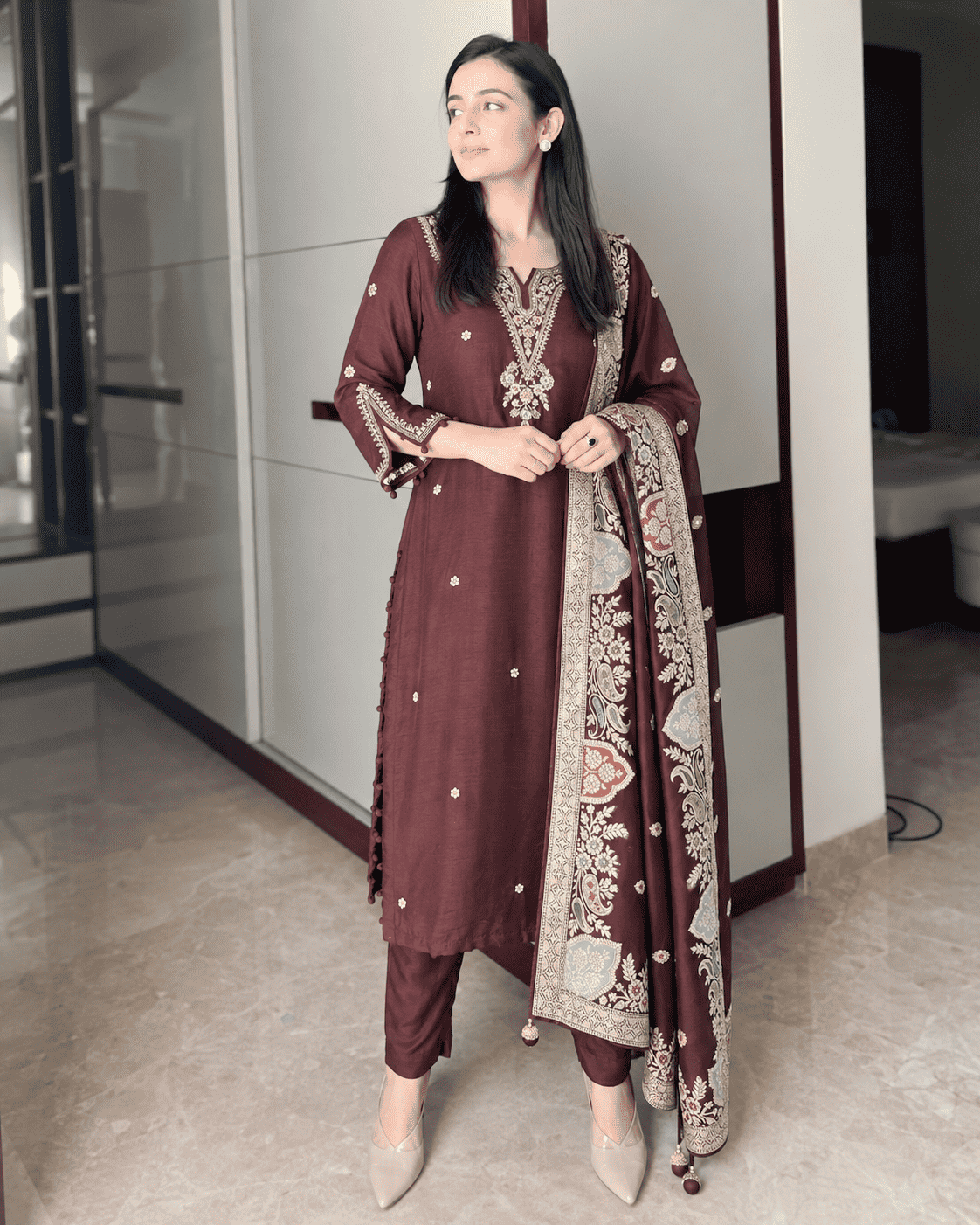 Wine Embroidered Dola Silk Kurta and Pant with dupatta