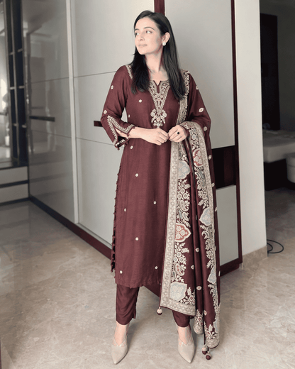 Wine Embroidered Dola Silk Kurta and Pant with dupatta