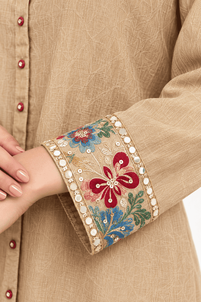 Champagne Beige Embroidered Chinon Kurta Pant Set