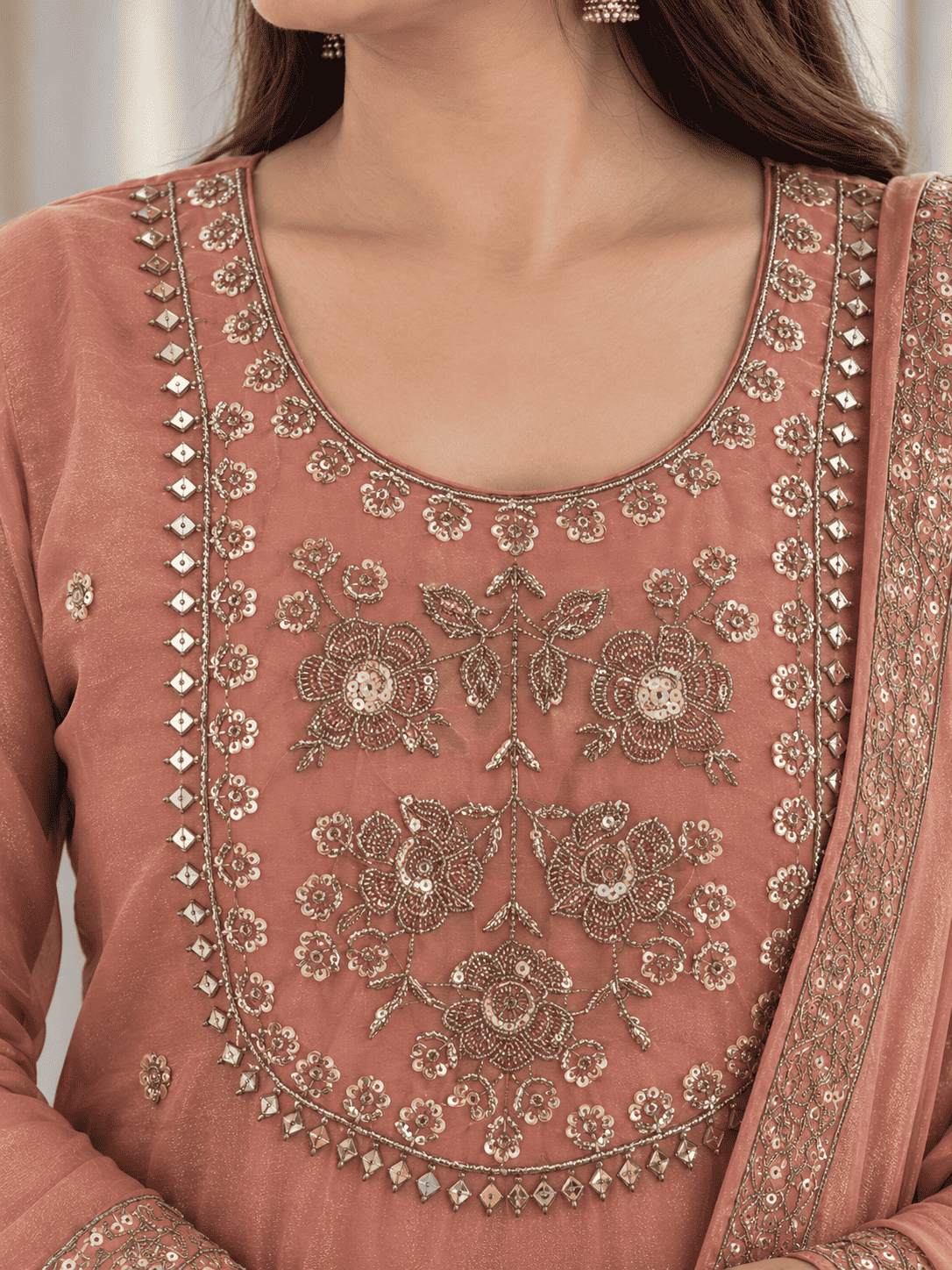 Peach Embroidered Shantoon Kurta Pant and Dupatta