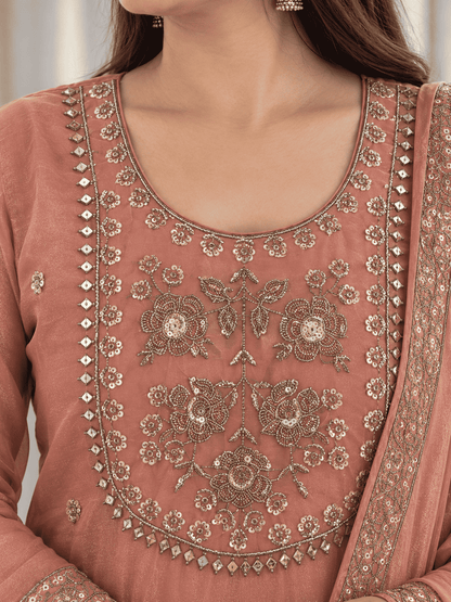 Peach Embroidered Shantoon Kurta Pant and Dupatta