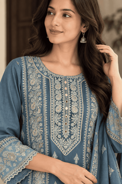 Dusty Blue Embroidered Cotton Kurta Pant and Dupatta