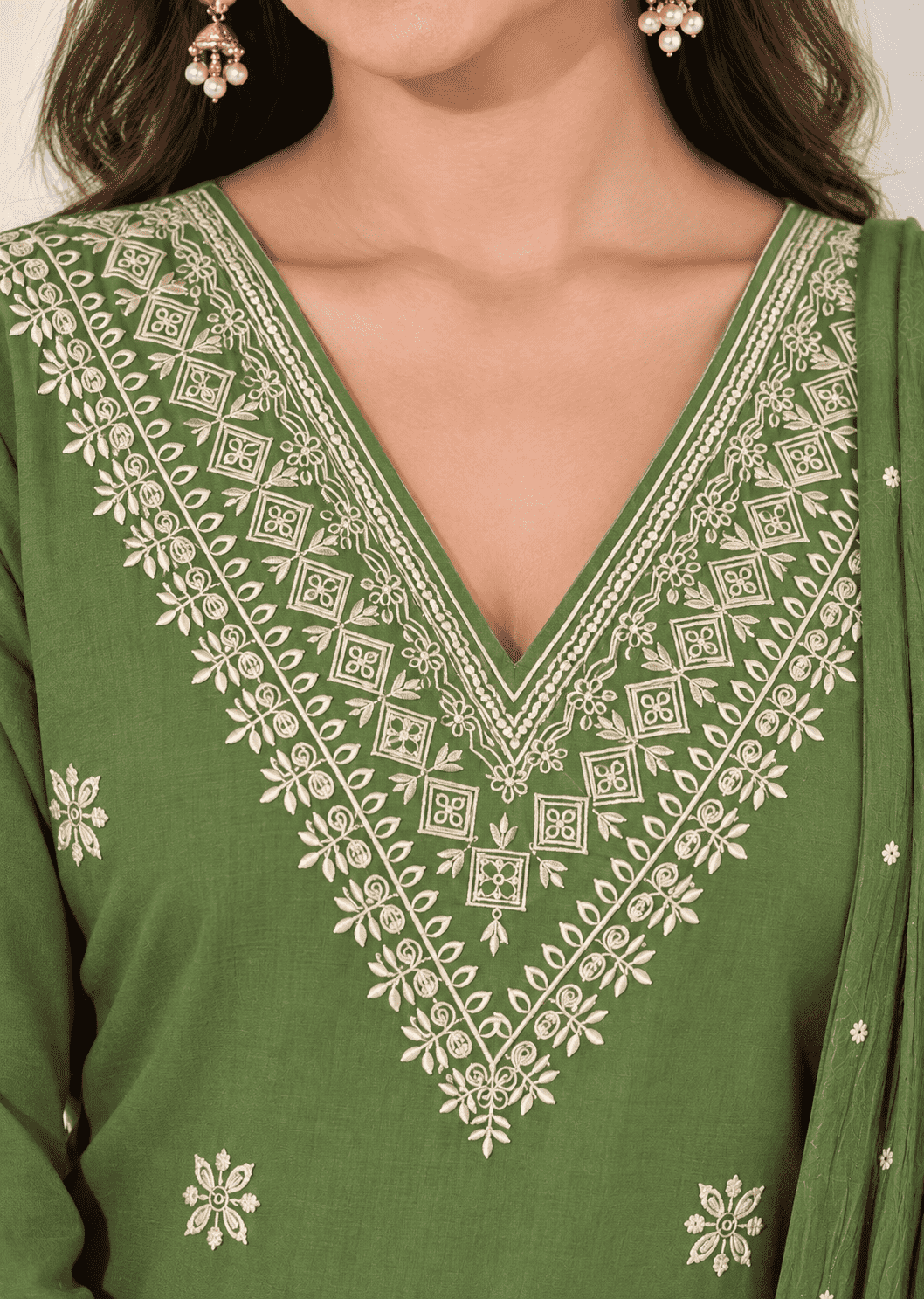 Green Embroidered Cotton Blend Kurta Pant and Dupatta