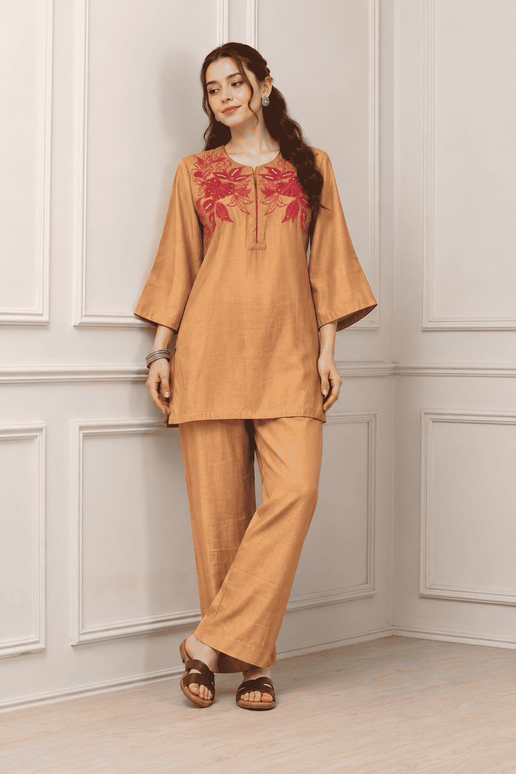 Tan Brown Embroidered Cotton Blend Kurta Pant Set