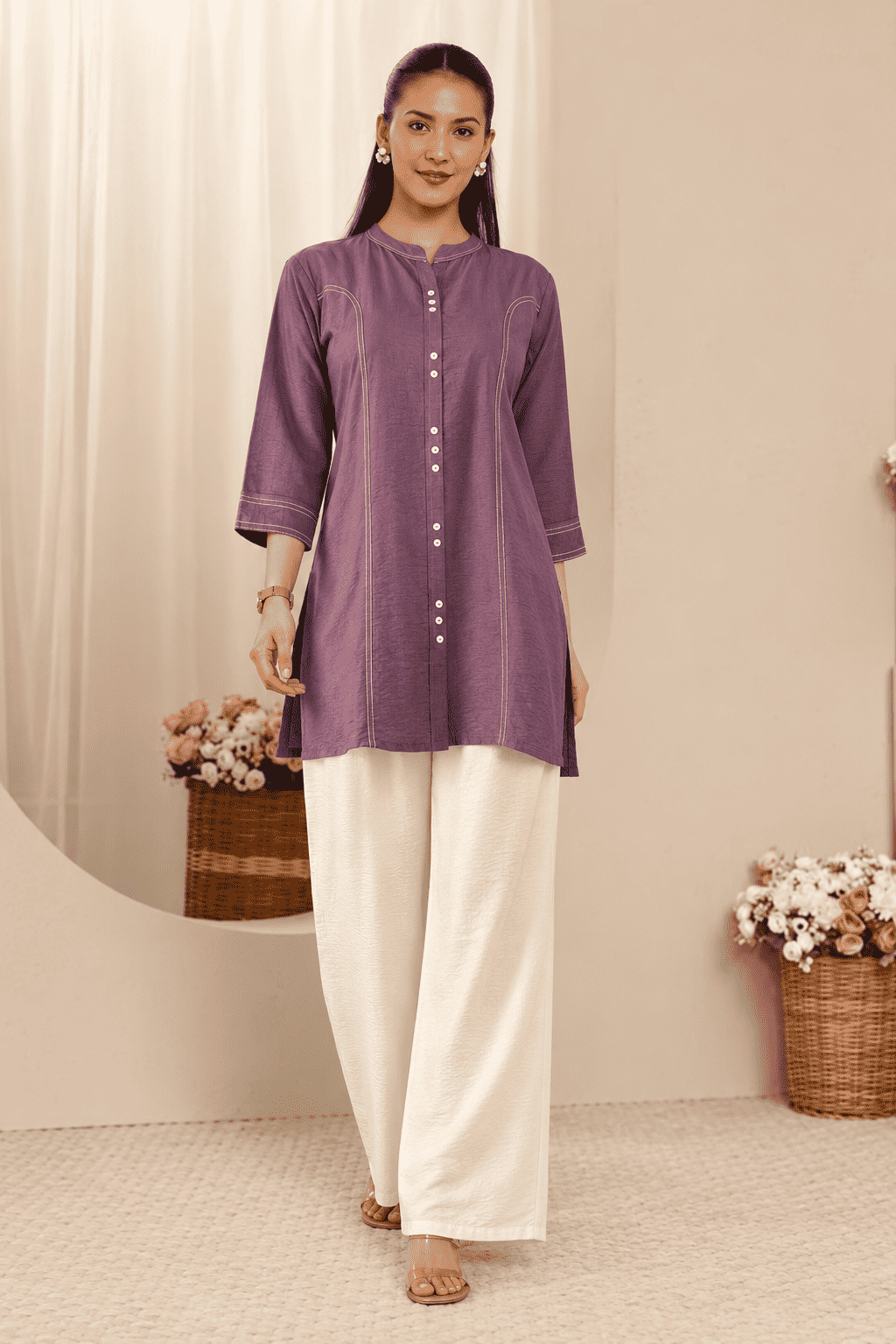 Wine Butter Cotton kurta pant set