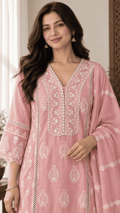 Pink Chikankari Embroidered Mul Cotton Kurta Pant With Dupatta