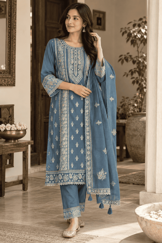Dusty Blue Embroidered Cotton Kurta Pant and Dupatta