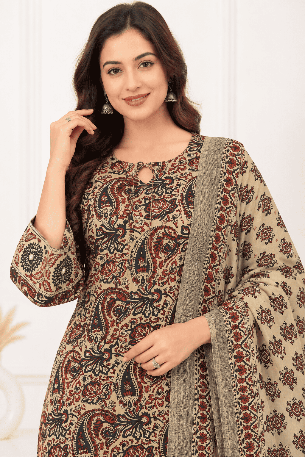 Ivory, Maroon & Deep Indigo Printed Cotton Blend Kurta Pant and Dupatta