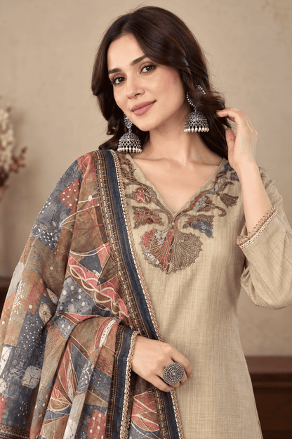 Beige Jamdani Cotton Kurta and Pant With Dupatta