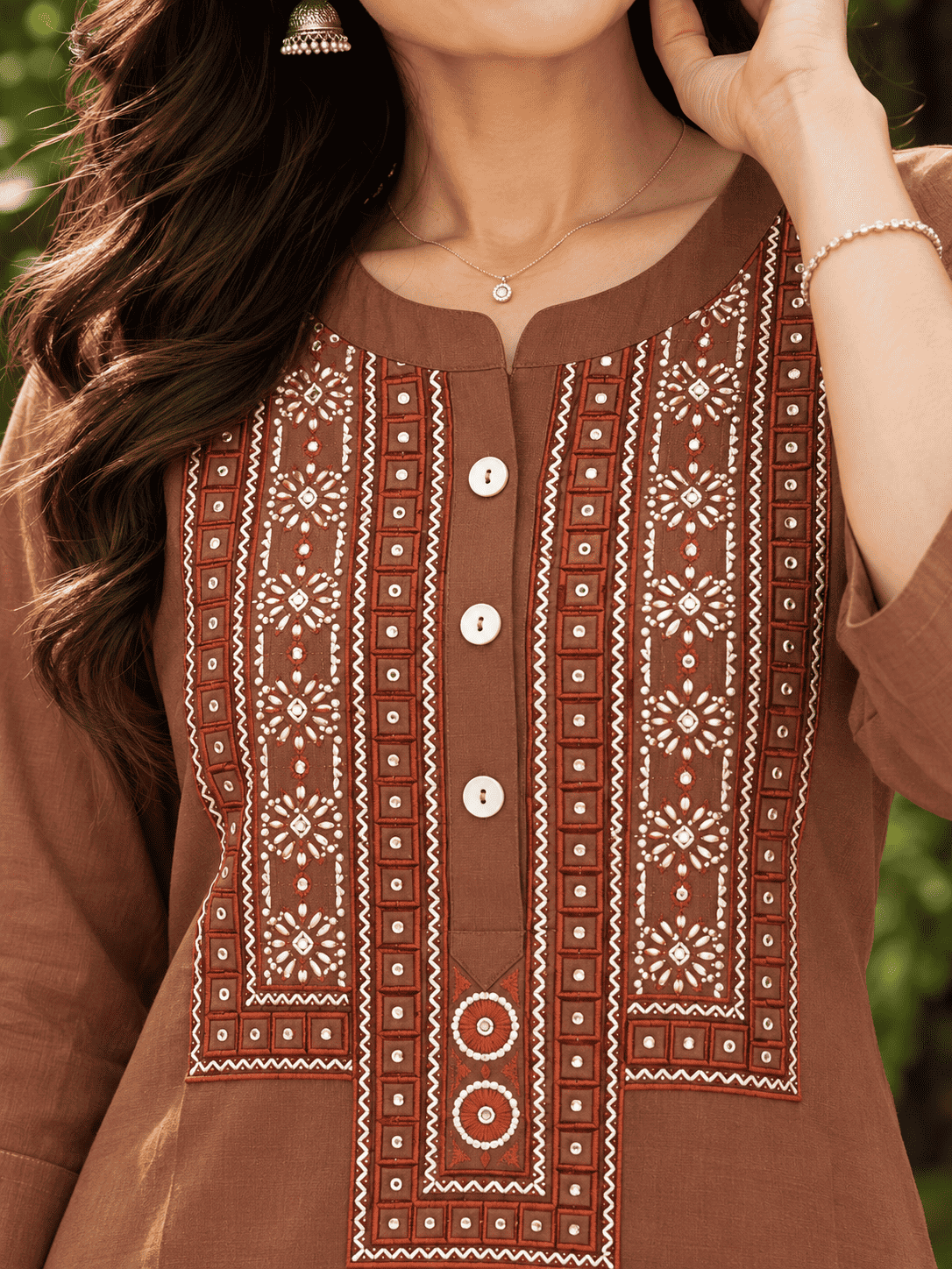 Cocoa Brown Embroidered Rayon Kurta Pant Set