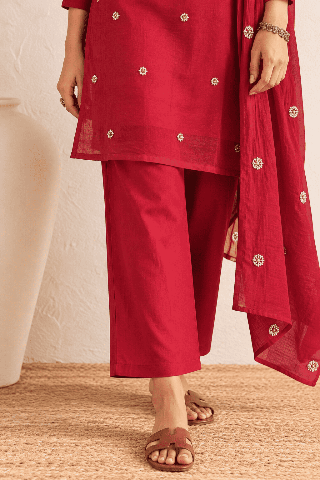 Maroon Embroidered Rayon Kurta Pant and Dupatta