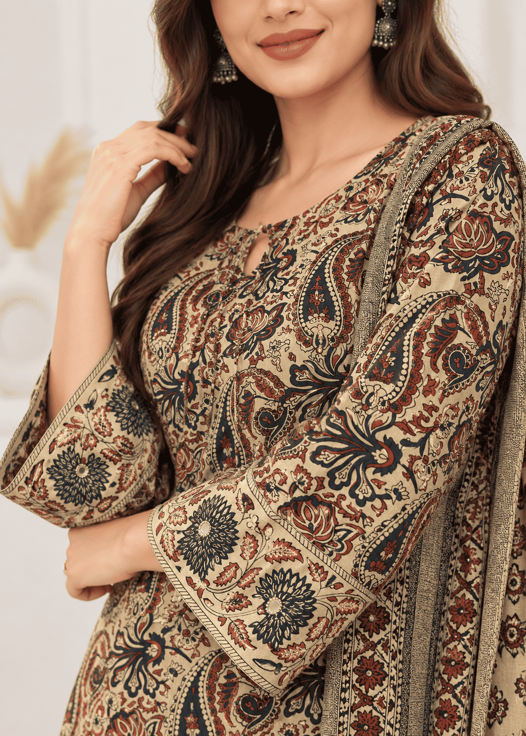 Ivory, Maroon & Deep Indigo Printed Cotton Blend Kurta Pant and Dupatta