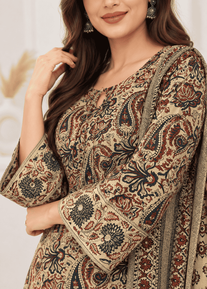 Ivory, Maroon & Deep Indigo Printed Cotton Blend Kurta Pant and Dupatta