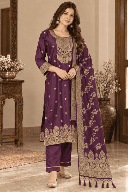 Wine Cotton Silk Blend Kurta Pant and Dupatta Set