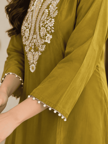 Mustard Embroidered Tissue Fabric Kurta Pant Set