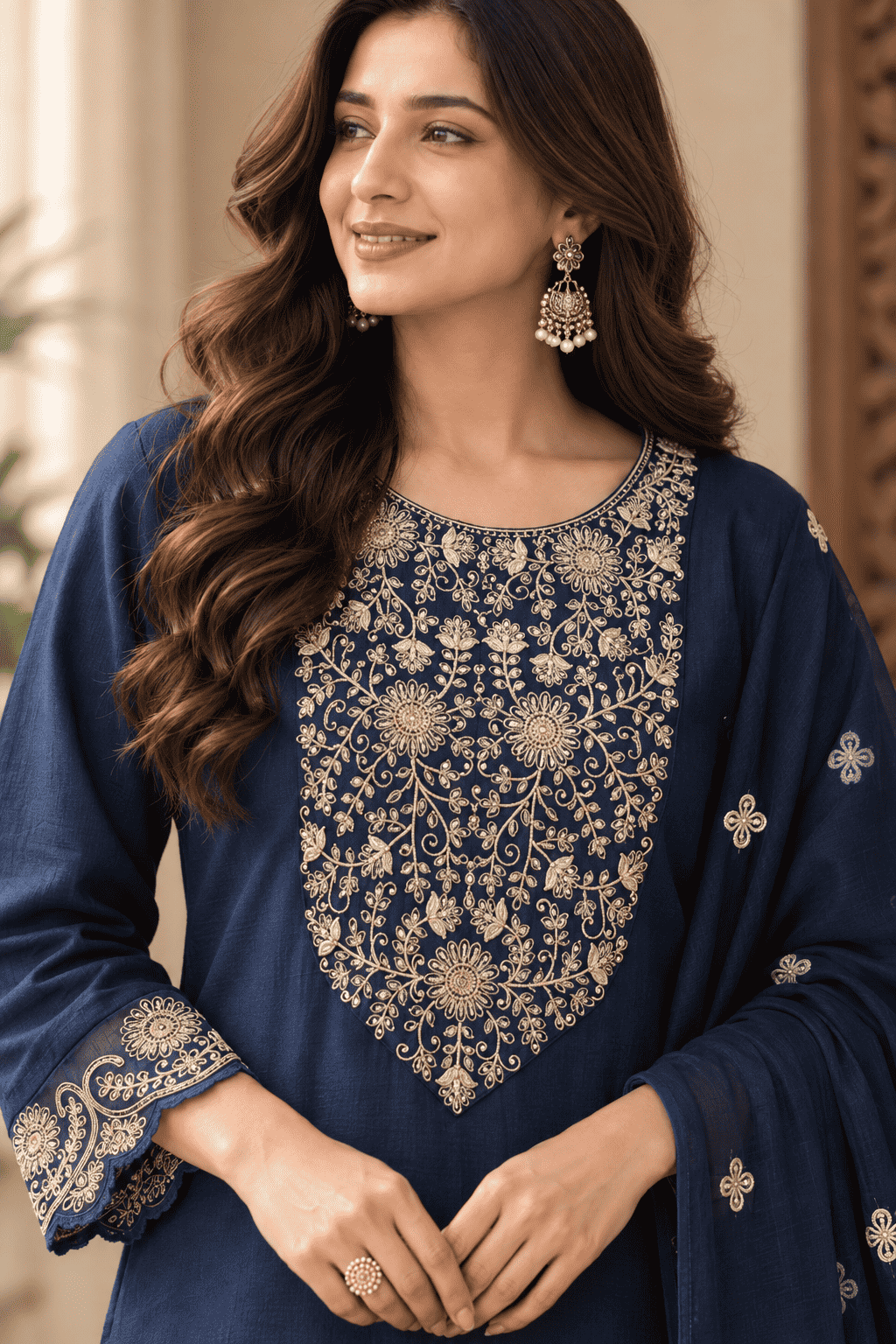 Teal Silk Blend Embroidered Kurta Pant and Dupatta Set
