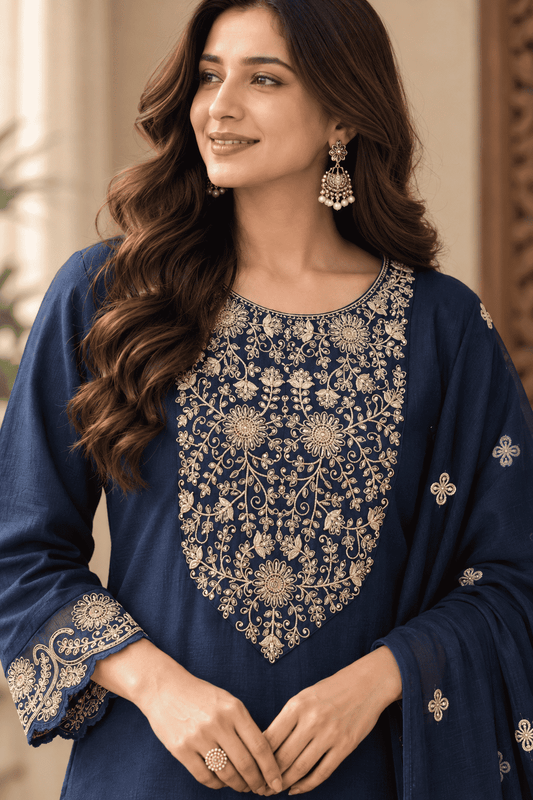 Teal Silk Blend Embroidered Kurta Pant and Dupatta Set