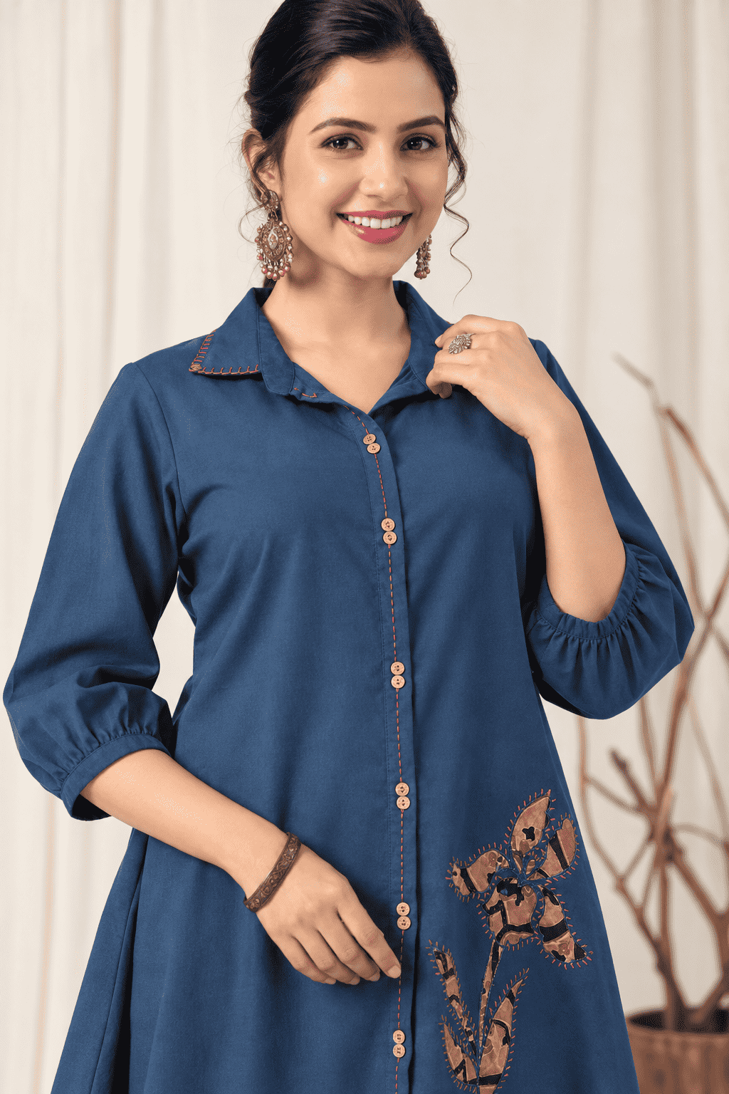 Blue Cotton Kurta With Patchwork and Printed Pant Set