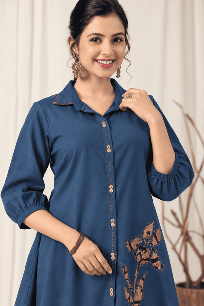 Blue Cotton Kurta With Patchwork and Printed Pant Set