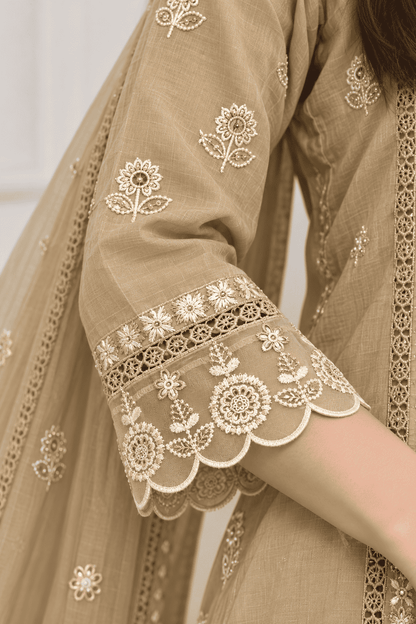 Beige Floral Embroidered Mul Cotton Kurta Pant With Dupatta